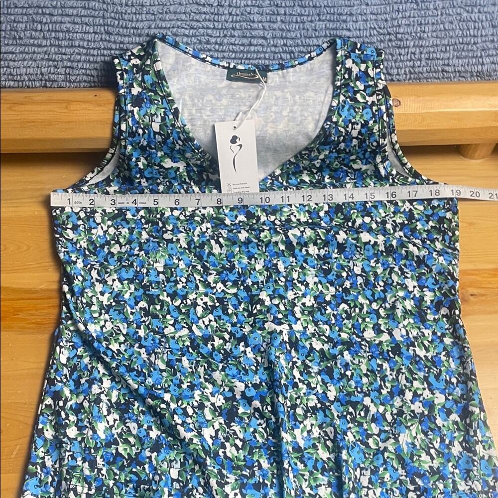 New!  OfeefaN Blue White Green Floral Sleeveless Tank Swing Dress Women’s M - Picture 9 of 11